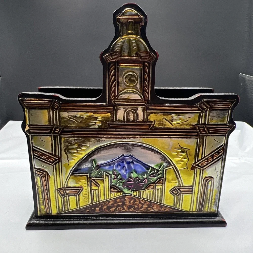 Vtg Guatemala Wood Pewter Napkin Holder Hand Woven Fabric Folk Art Antigua Arch